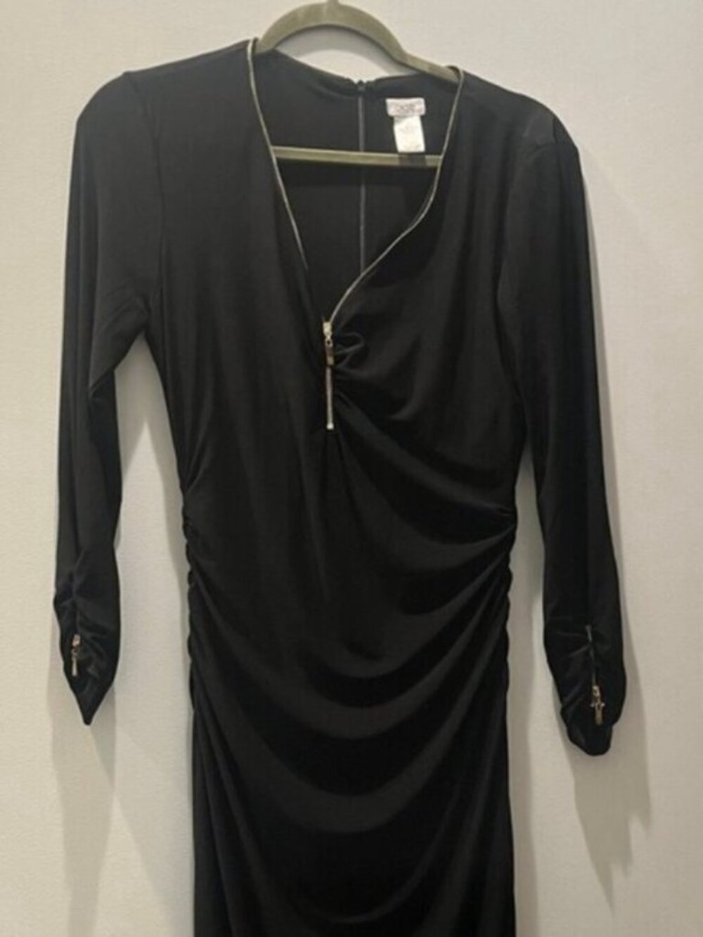 Cache Y2K Black Ruched Long Sleeve Gold Zip Dress Size M - Picture 5 of 10